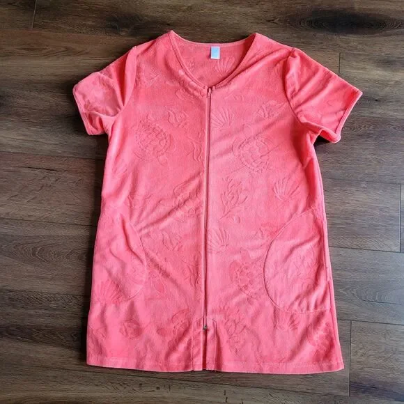 Womens ADONNA Terry cloth Zip Cover Up Robe L Coral Turtle Shells Print Pockets - Picture 5 of 13